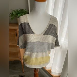 Express Color Block V-neck Sweater Grey, Cream and Yellow- Size Small